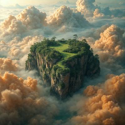 Primary subject: A small island in the clouds.
Setting/background: The sky is filled with clouds, creating a dramatic backdrop for the island.
Visual style: The image is a digital art piece, showcasing the island in a surreal and imaginative setting.
Colors and mood: The colors are predominantly orange and white, creating a warm and dreamy atmosphere.